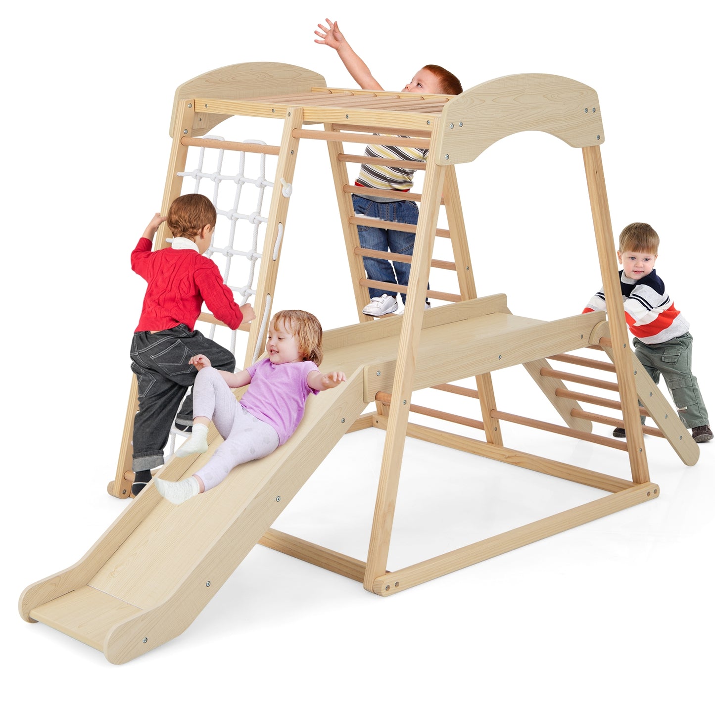 6-in-1 Indoor Jungle Gym Kids Wooden Playground with Monkey Bars-Natural Kids Crystal