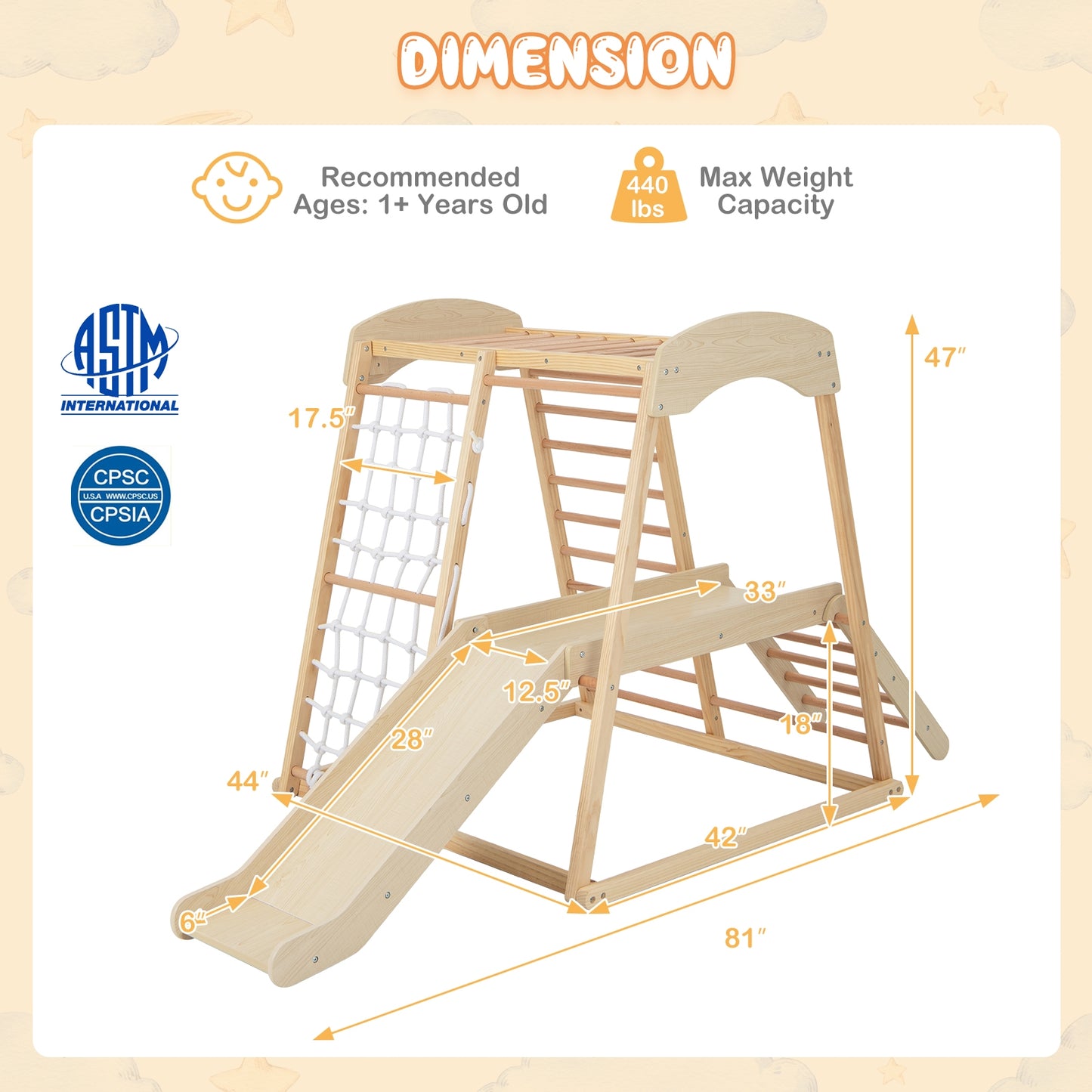 6-in-1 Indoor Jungle Gym Kids Wooden Playground with Monkey Bars-Natural Kids Crystal