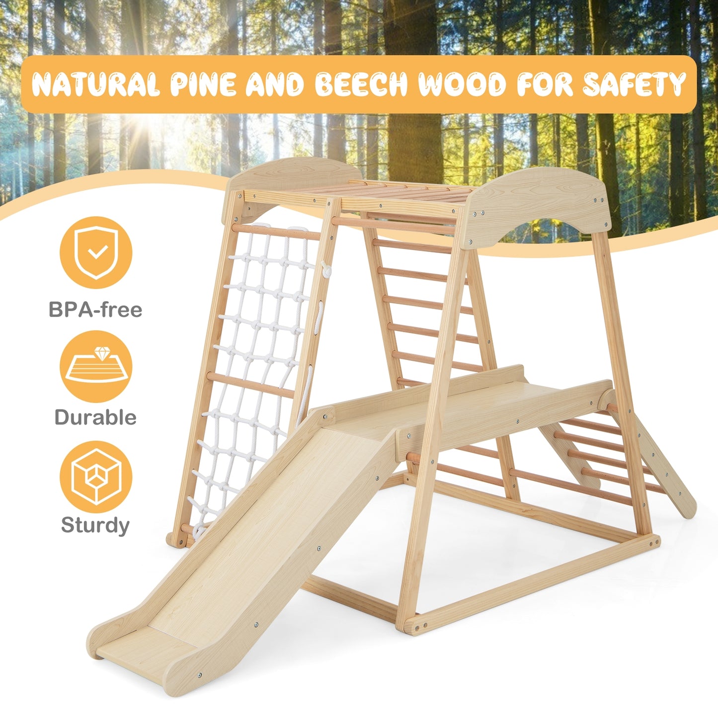 6-in-1 Indoor Jungle Gym Kids Wooden Playground with Monkey Bars-Natural Kids Crystal