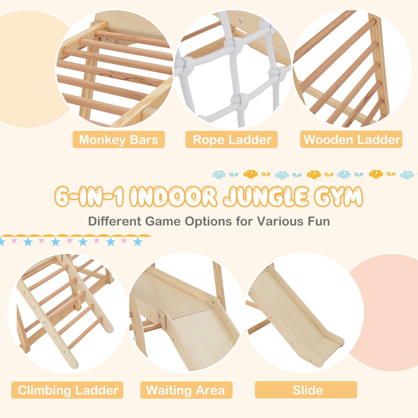 6-in-1 Indoor Jungle Gym Kids Wooden Playground with Monkey Bars-Natural Kids Crystal
