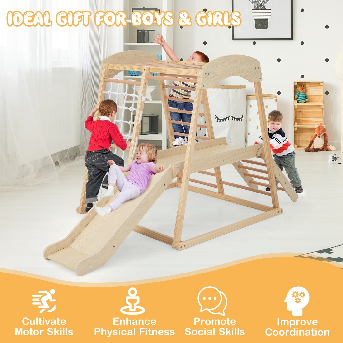 6-in-1 Indoor Jungle Gym Kids Wooden Playground with Monkey Bars-Natural Kids Crystal