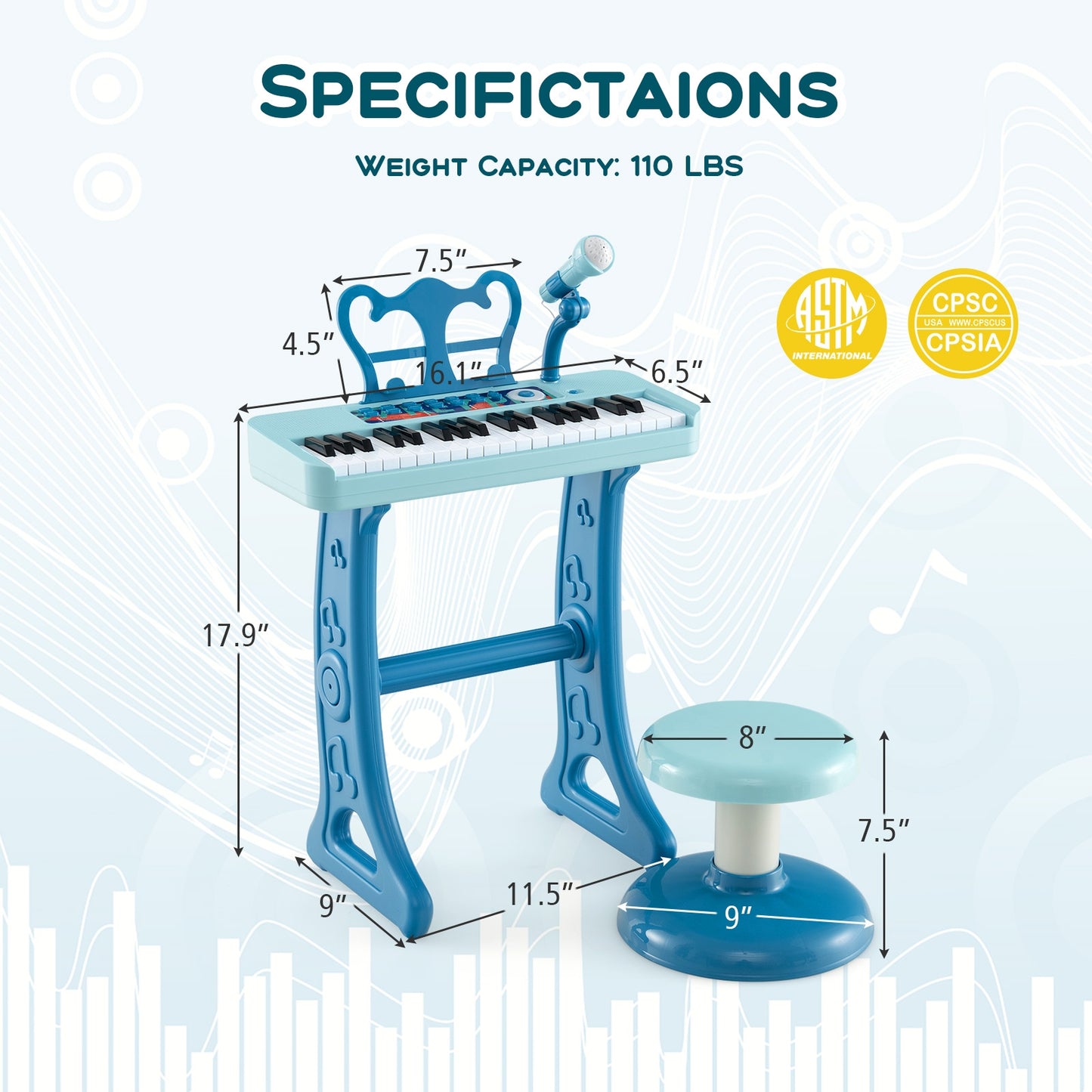 Kids Piano Keyboard 37-Key Kids Toy Keyboard Piano with Microphone for 3+ Kids-Blue Kids Crystal