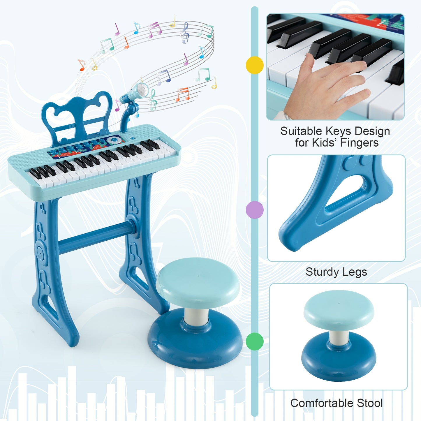 Kids Piano Keyboard 37-Key Kids Toy Keyboard Piano with Microphone for 3+ Kids-Blue Kids Crystal