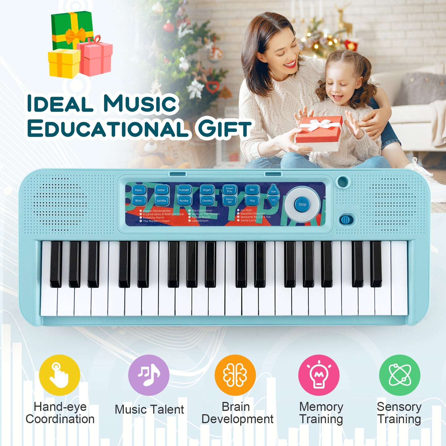 Kids Piano Keyboard 37-Key Kids Toy Keyboard Piano with Microphone for 3+ Kids-Blue Kids Crystal
