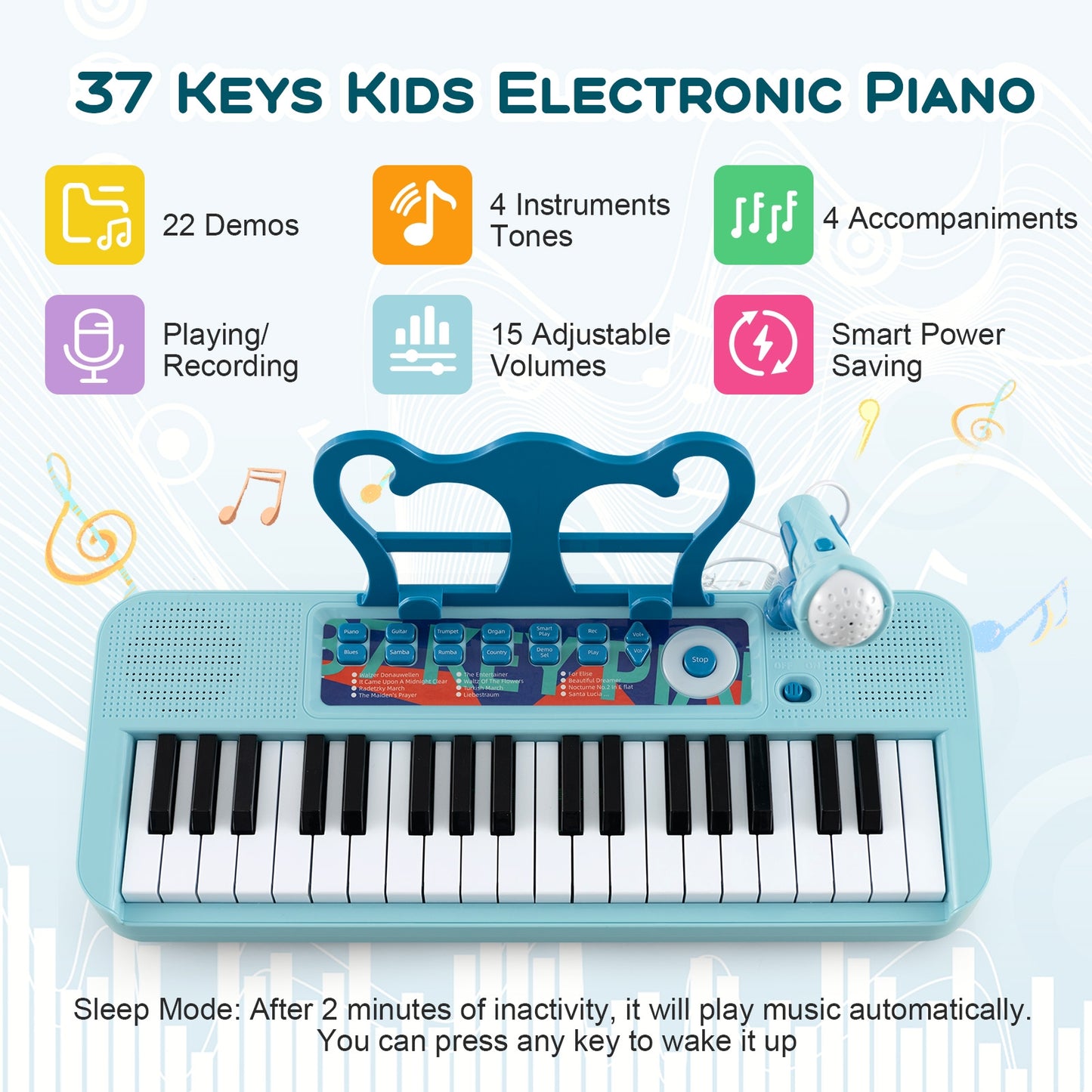 Kids Piano Keyboard 37-Key Kids Toy Keyboard Piano with Microphone for 3+ Kids-Blue Kids Crystal