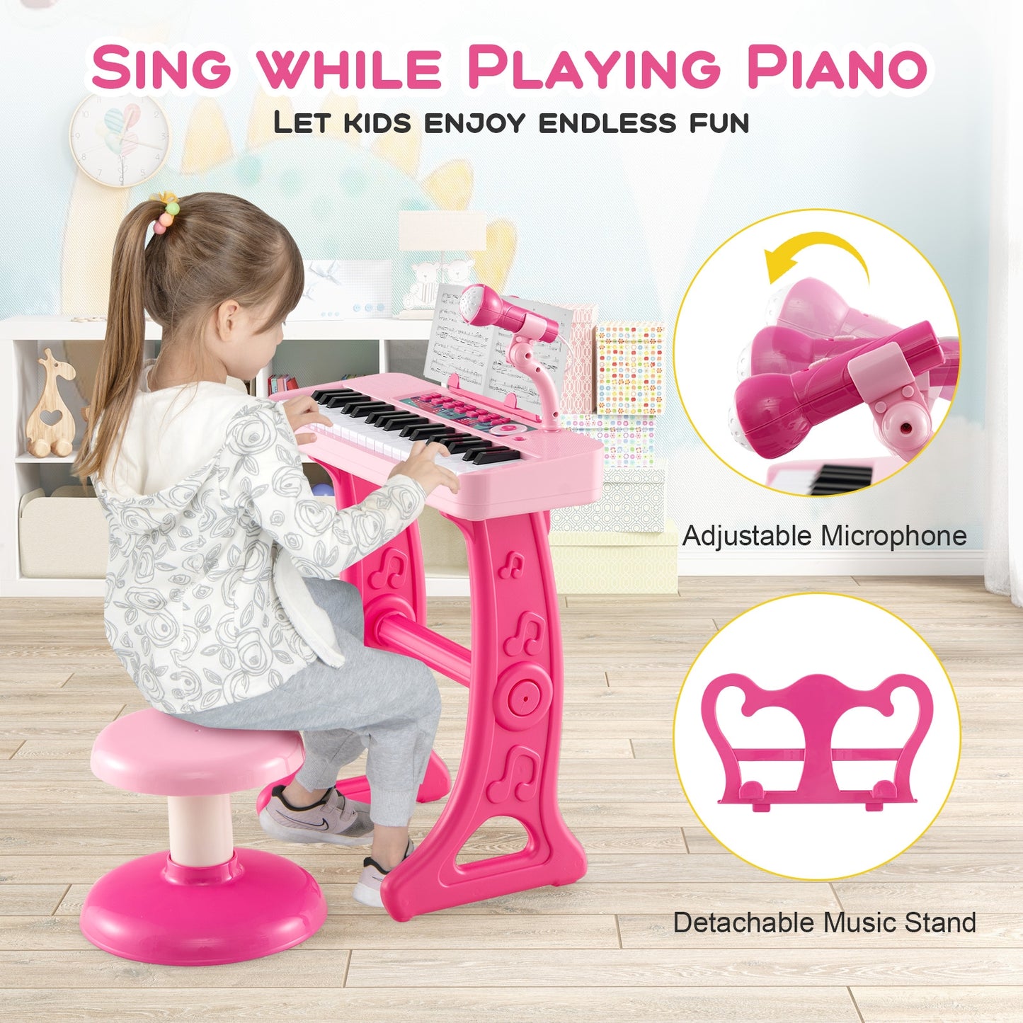 Kids Piano Keyboard 37-Key Kids Toy Keyboard Piano with Microphone for 3+ Kids-Pink Kids Crystal