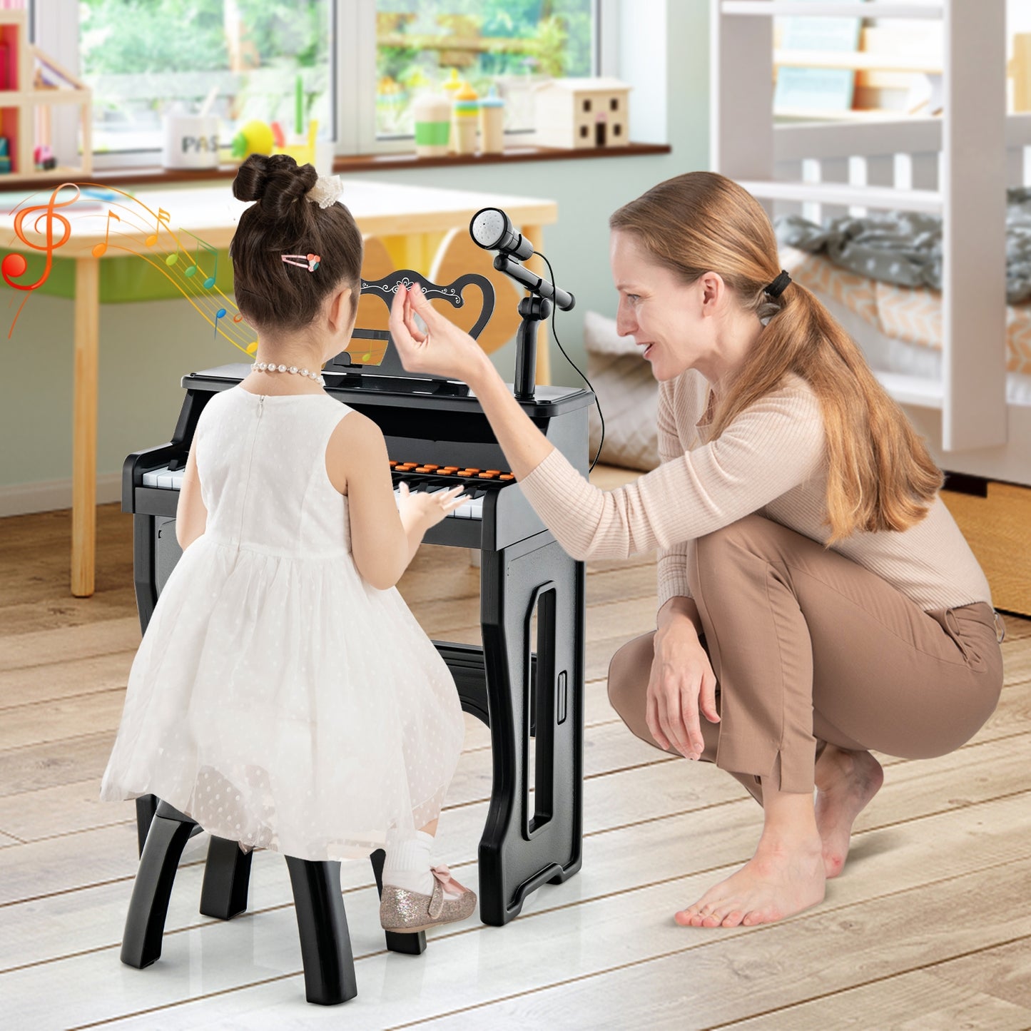 37 Keys Music Piano with Microphone Kids Piano Keyboard with Detachable Music Stand-Black Kids Crystal