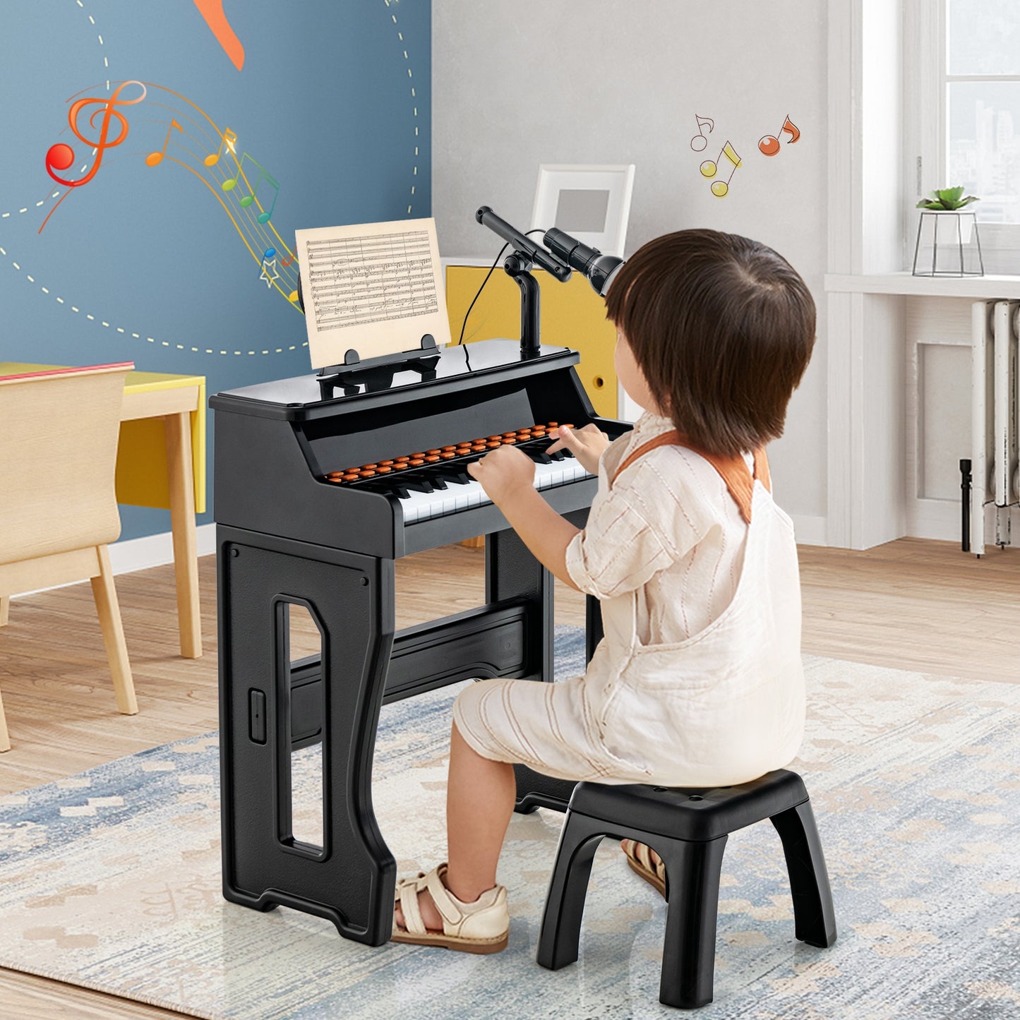37 Keys Music Piano with Microphone Kids Piano Keyboard with Detachable Music Stand-Black Kids Crystal