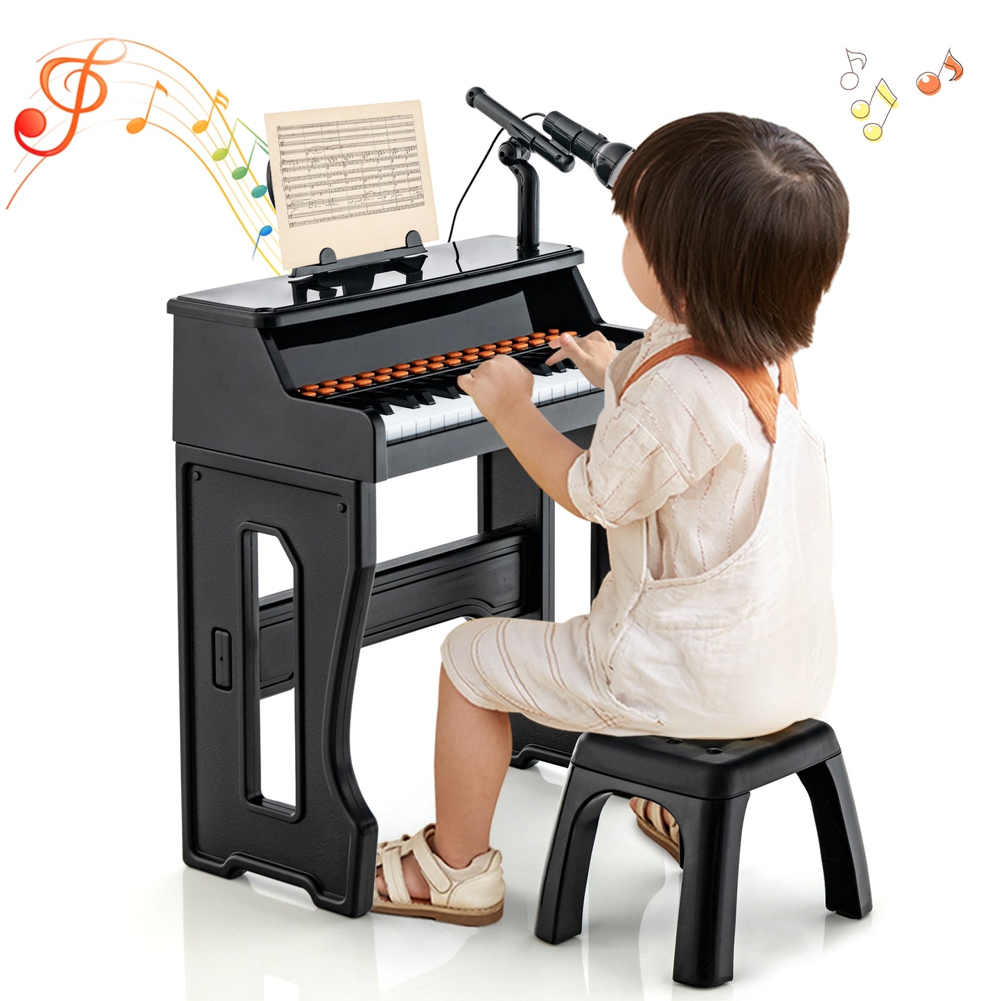 37 Keys Music Piano with Microphone Kids Piano Keyboard with Detachable Music Stand-Black Kids Crystal