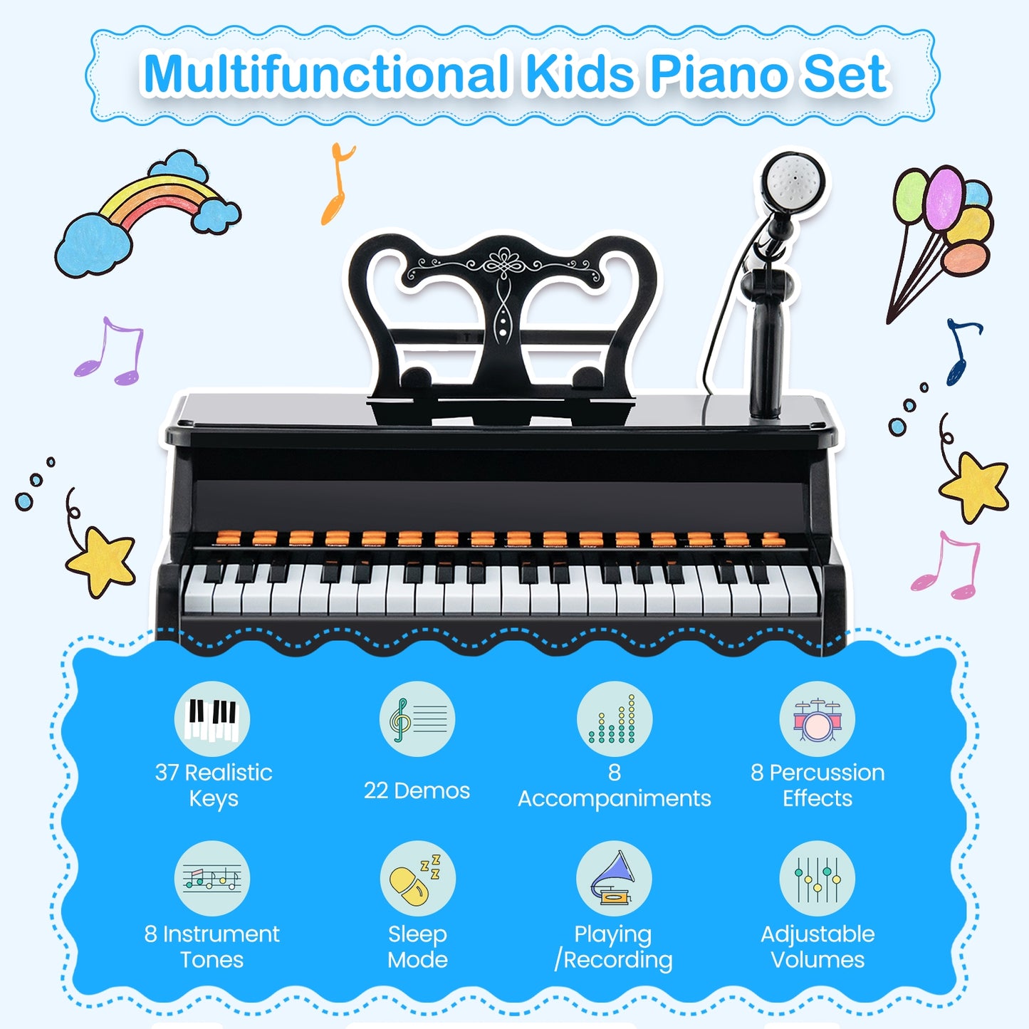 37 Keys Music Piano with Microphone Kids Piano Keyboard with Detachable Music Stand-Black Kids Crystal