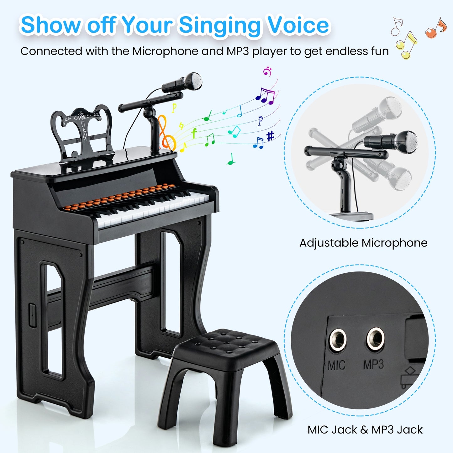 37 Keys Music Piano with Microphone Kids Piano Keyboard with Detachable Music Stand-Black Kids Crystal