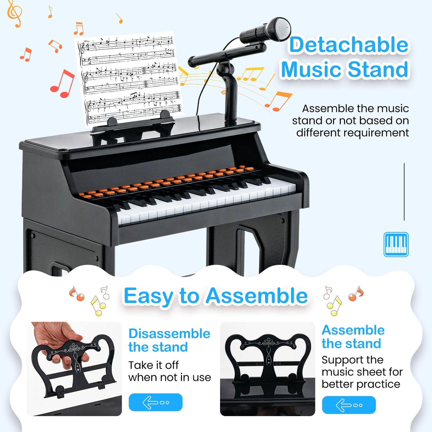 37 Keys Music Piano with Microphone Kids Piano Keyboard with Detachable Music Stand-Black Kids Crystal