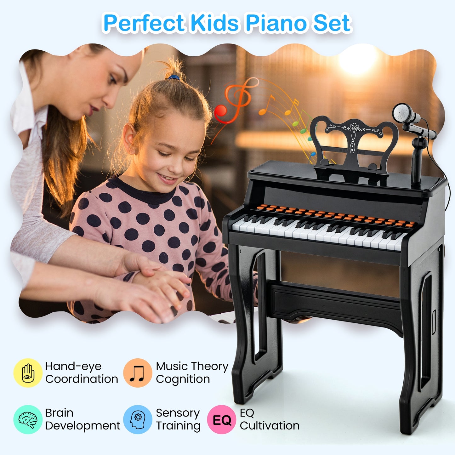 37 Keys Music Piano with Microphone Kids Piano Keyboard with Detachable Music Stand-Black Kids Crystal