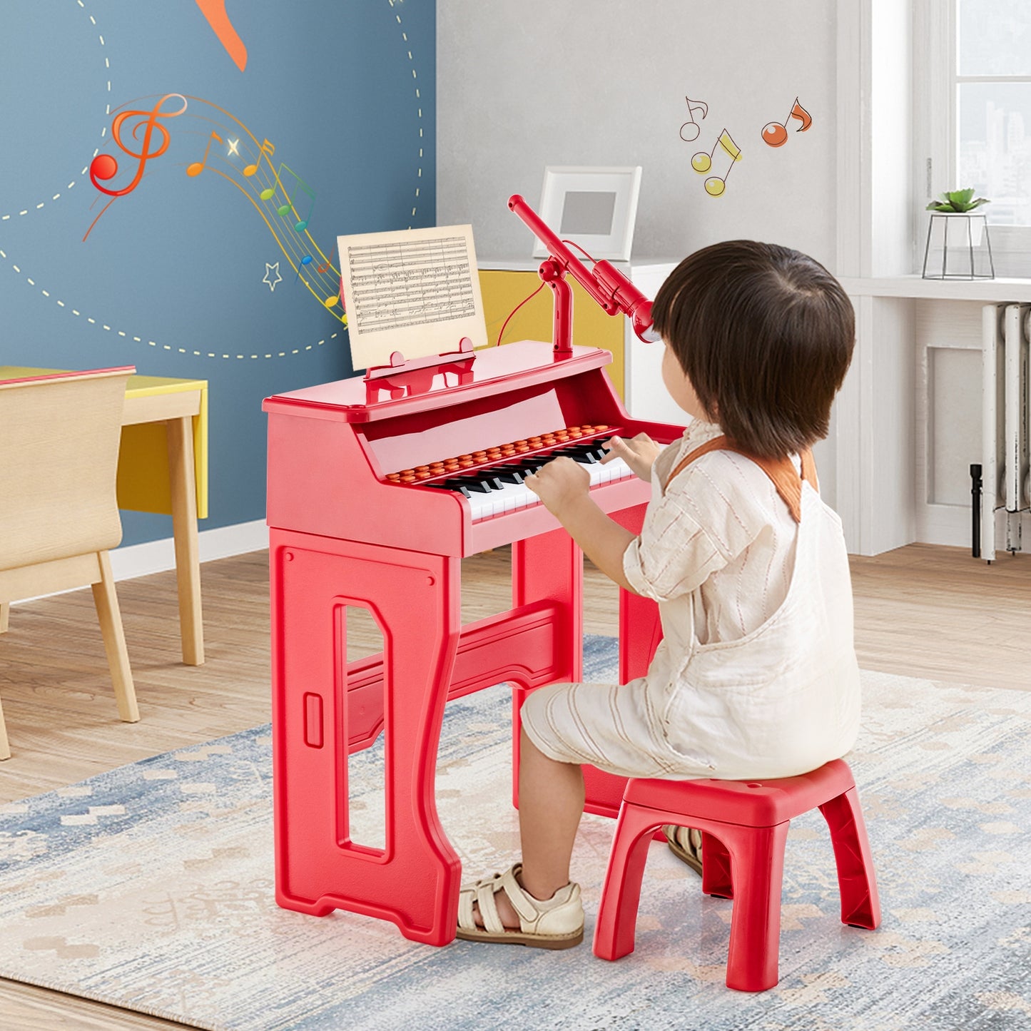 37 Keys Music Piano with Microphone Kids Piano Keyboard with Detachable Music Stand-Red Kids Crystal