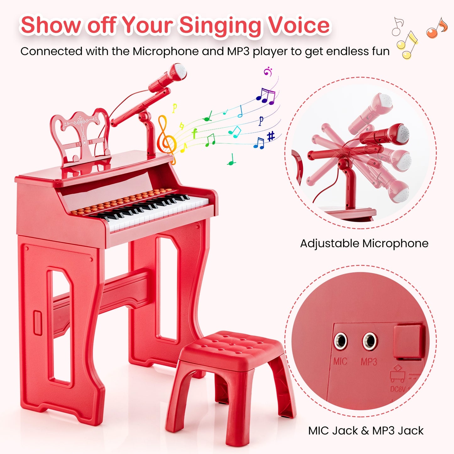 37 Keys Music Piano with Microphone Kids Piano Keyboard with Detachable Music Stand-Red Kids Crystal