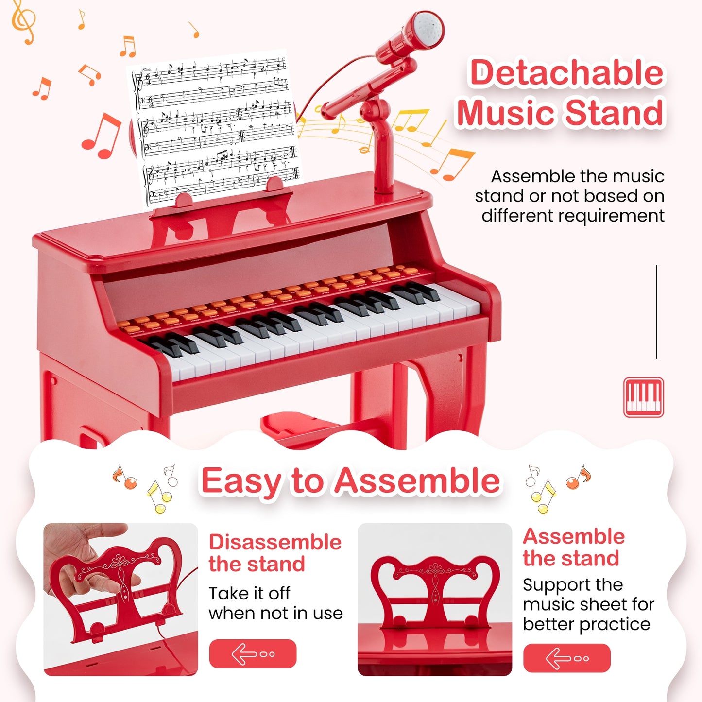 37 Keys Music Piano with Microphone Kids Piano Keyboard with Detachable Music Stand-Red Kids Crystal
