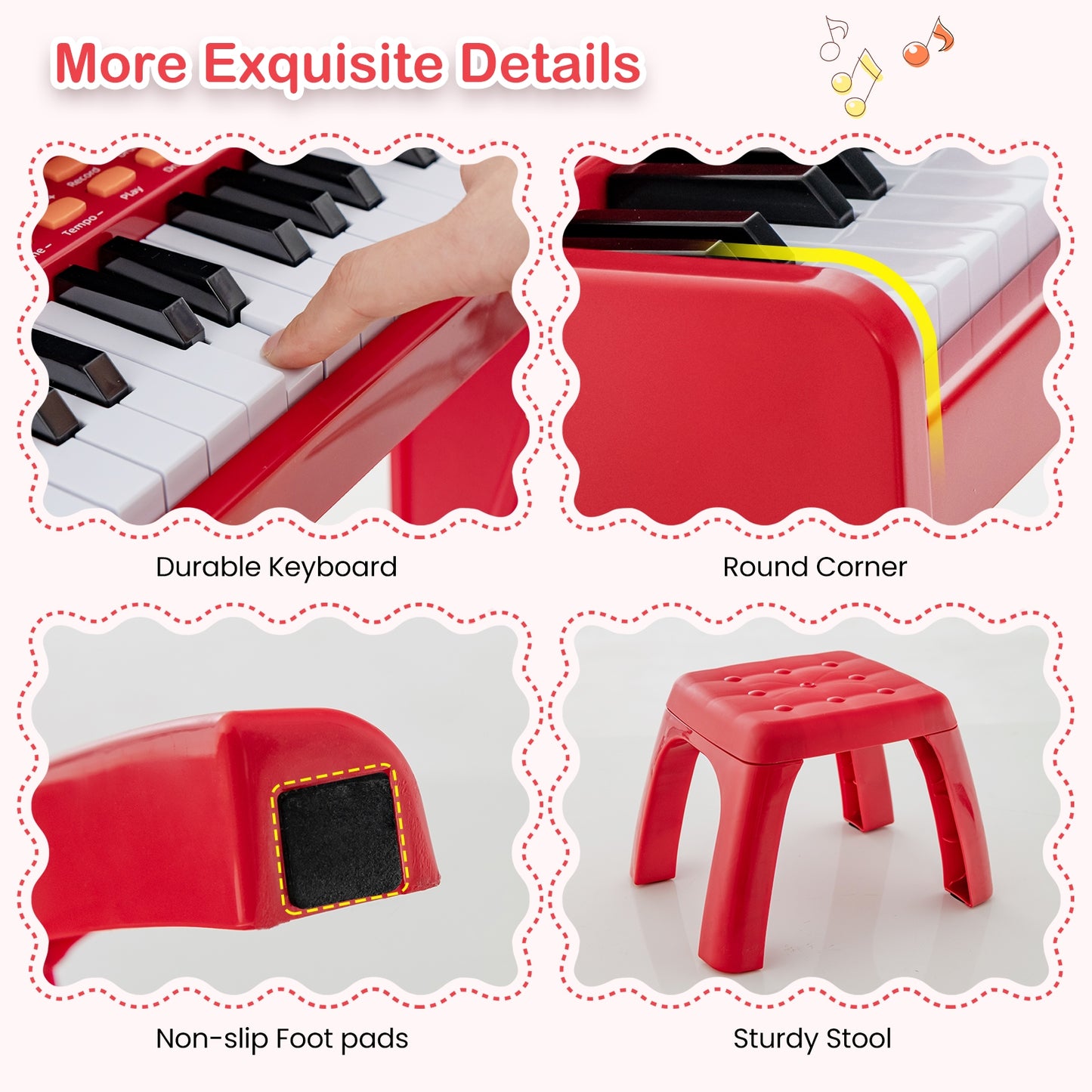 37 Keys Music Piano with Microphone Kids Piano Keyboard with Detachable Music Stand-Red Kids Crystal