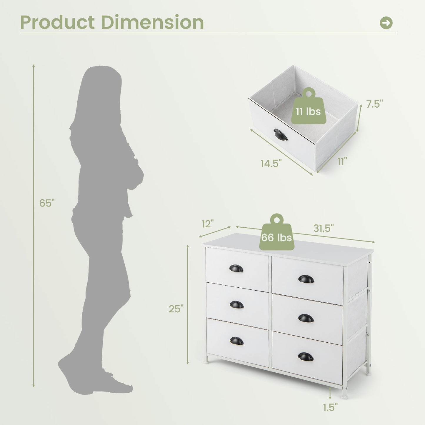 6 Fabric Drawers Storage Chest with Wooden Top-White Kids Crystal