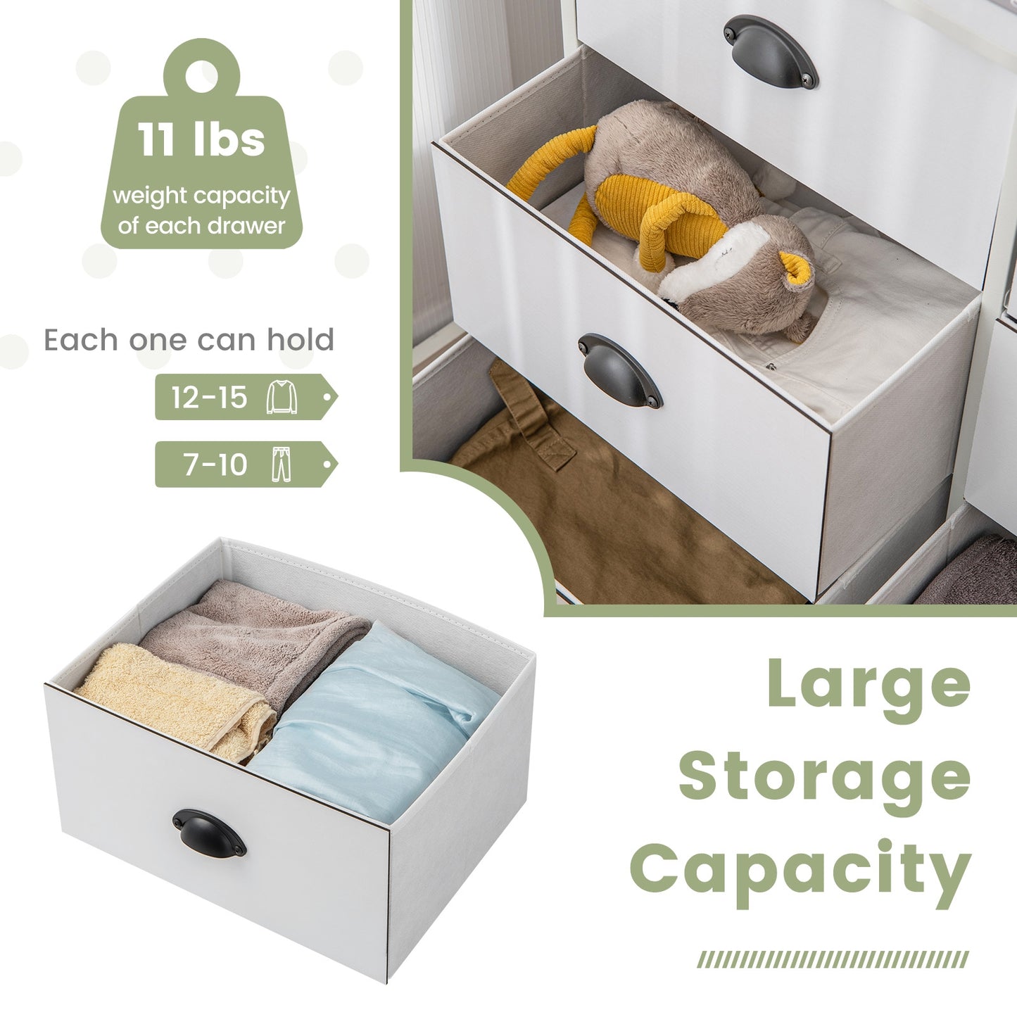 6 Fabric Drawers Storage Chest with Wooden Top-White Kids Crystal