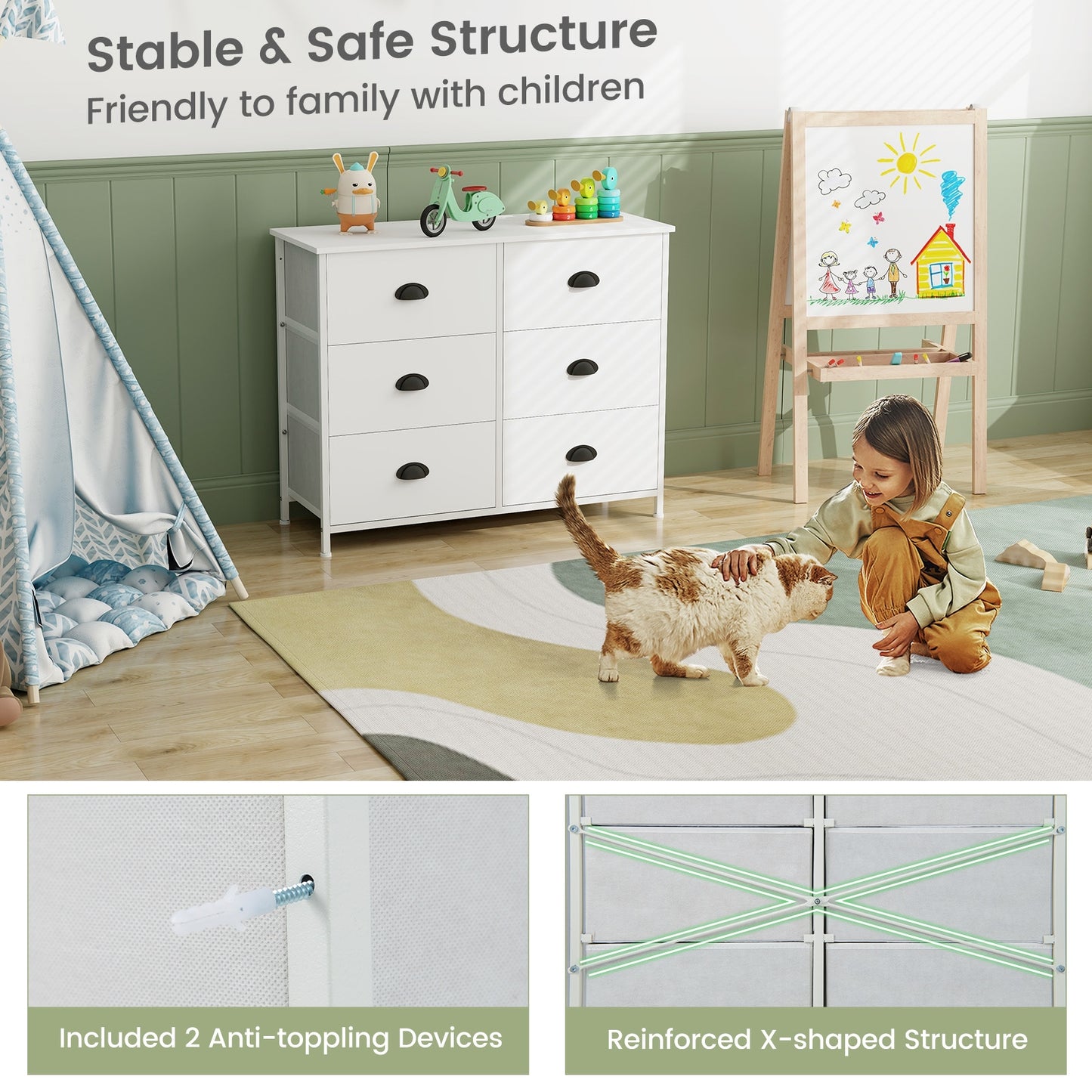 6 Fabric Drawers Storage Chest with Wooden Top-White Kids Crystal