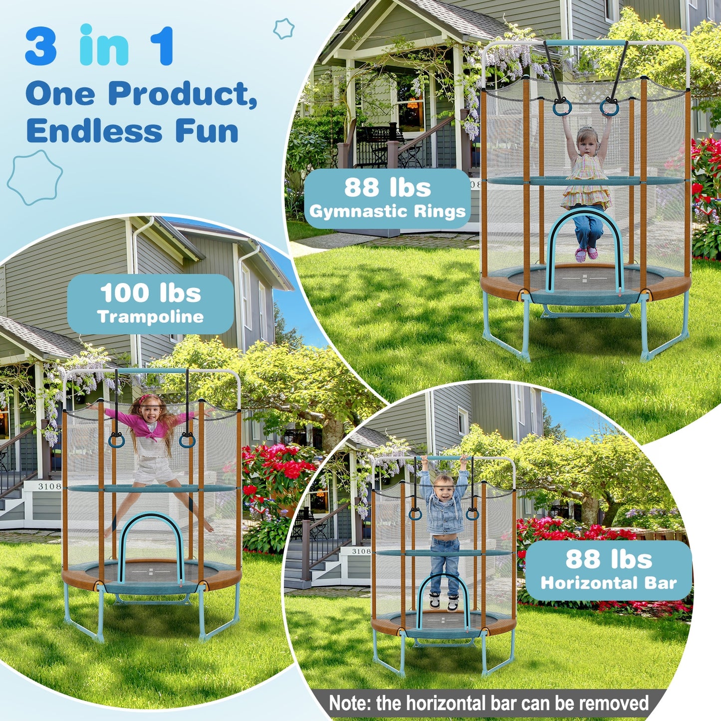 60 Inch Trampoline with Gymnastic Bar and Rings for Kids-Orange Kids Crystal