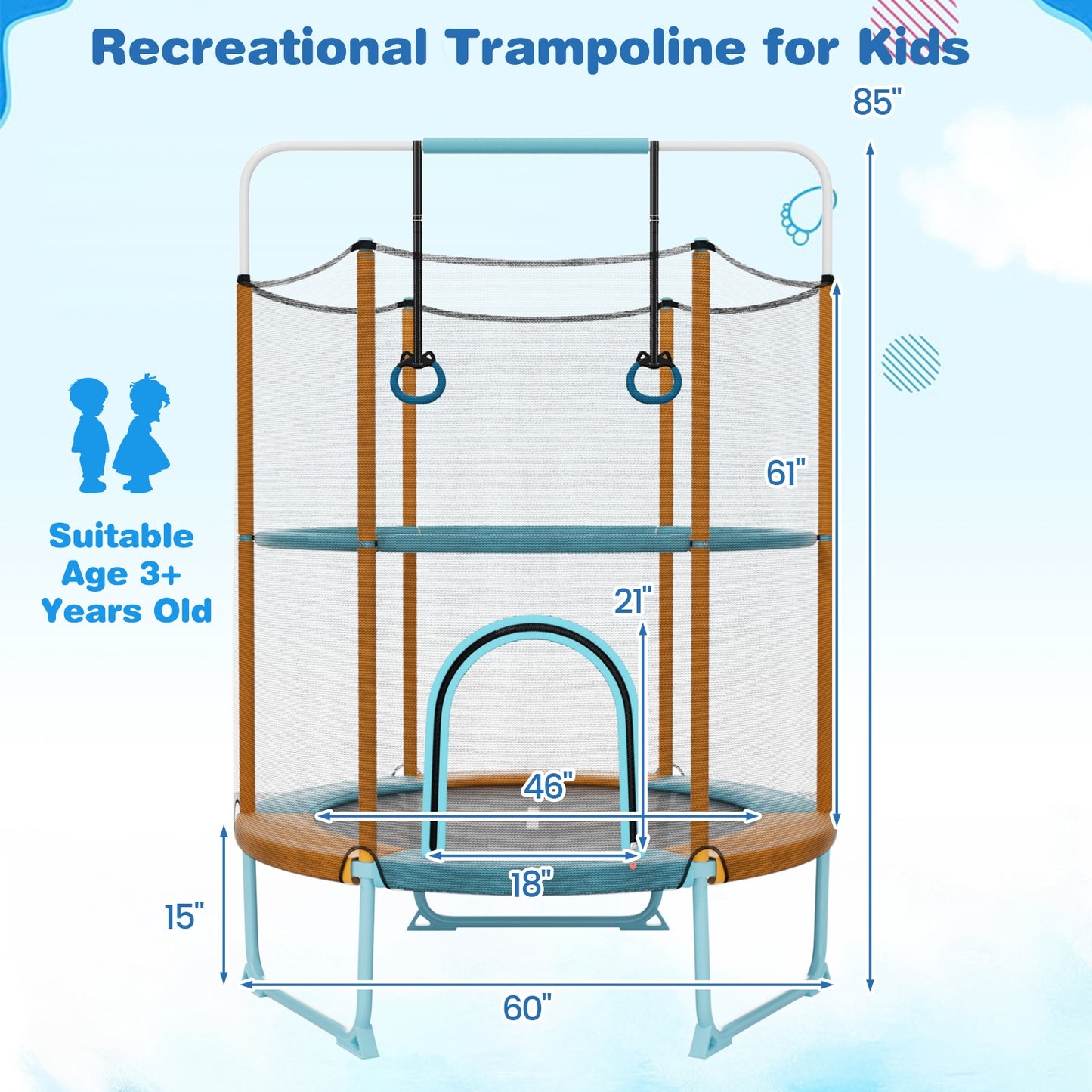 60 Inch Trampoline with Gymnastic Bar and Rings for Kids-Orange Kids Crystal