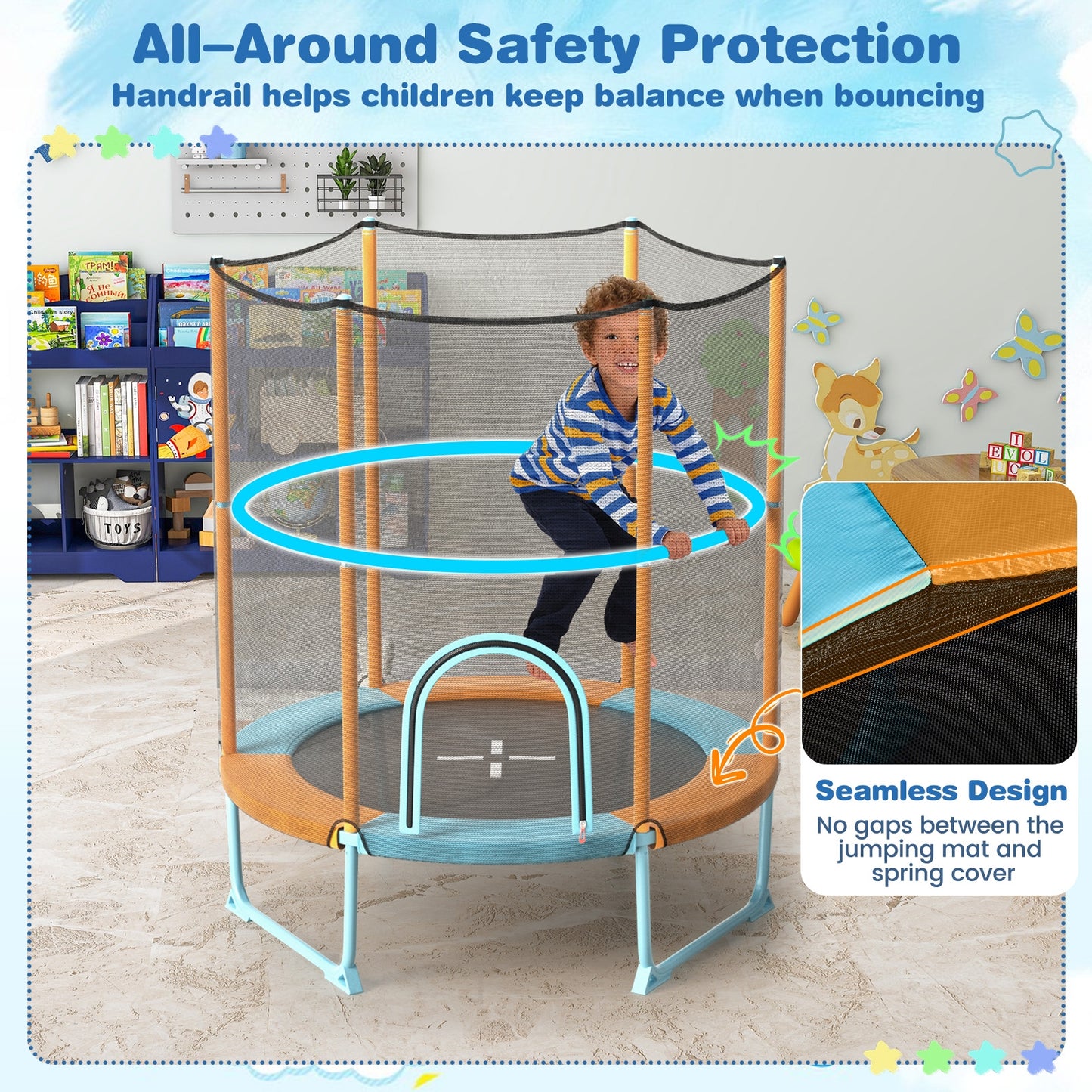 60 Inch Trampoline with Gymnastic Bar and Rings for Kids-Orange Kids Crystal