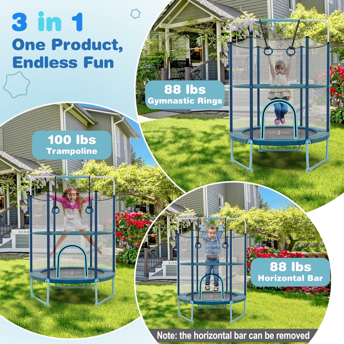 60 Inch Trampoline with Gymnastic Bar and Rings for Kids-Blue Kids Crystal