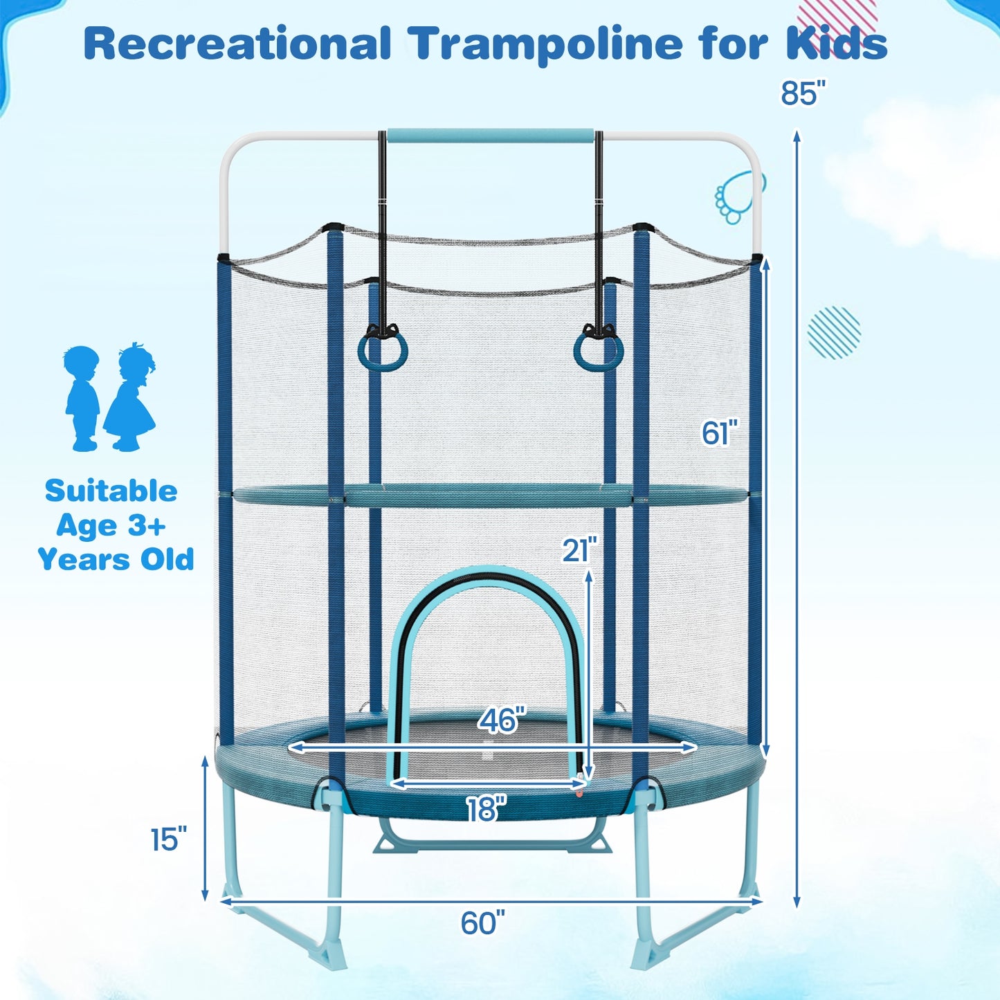 60 Inch Trampoline with Gymnastic Bar and Rings for Kids-Blue Kids Crystal
