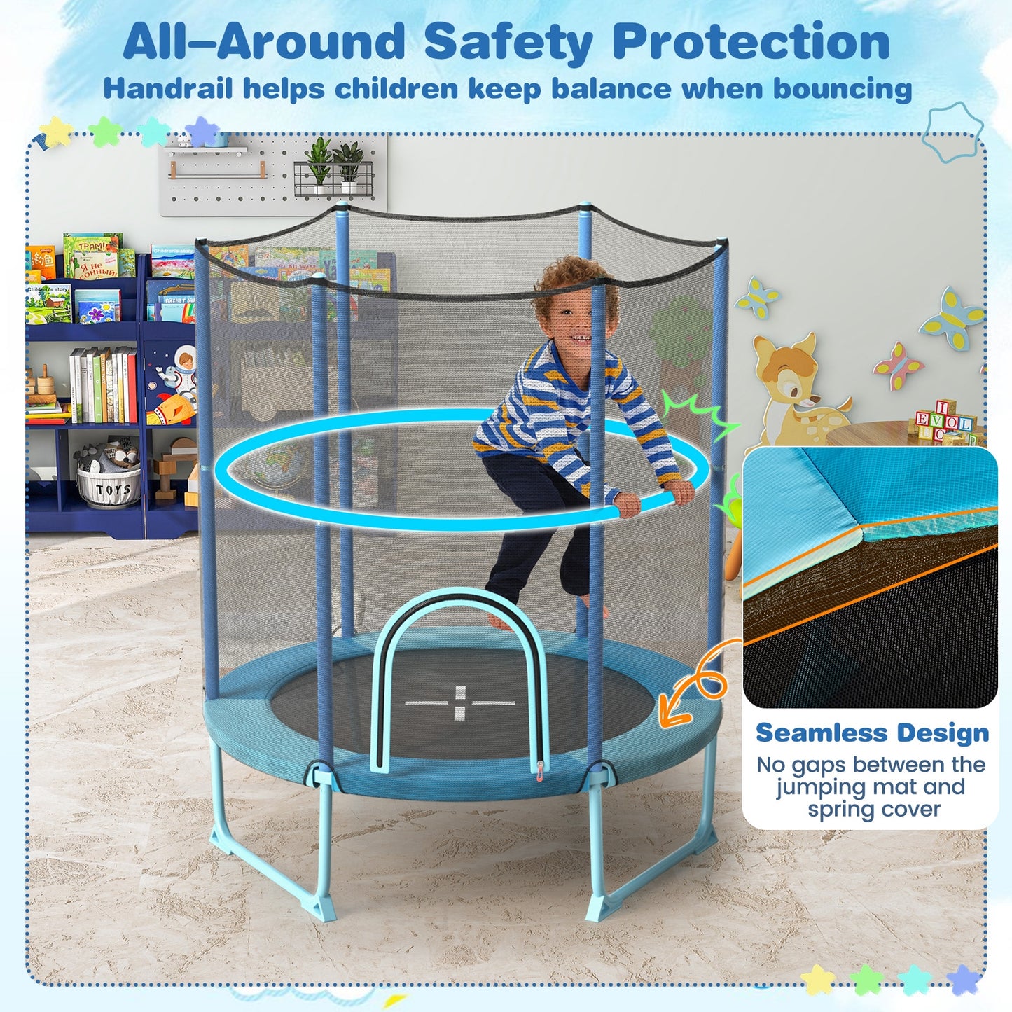 60 Inch Trampoline with Gymnastic Bar and Rings for Kids-Blue Kids Crystal
