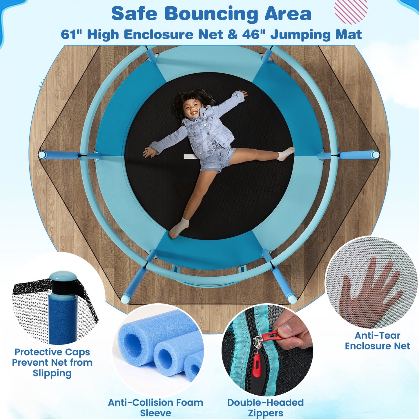 60 Inch Trampoline with Gymnastic Bar and Rings for Kids-Blue Kids Crystal