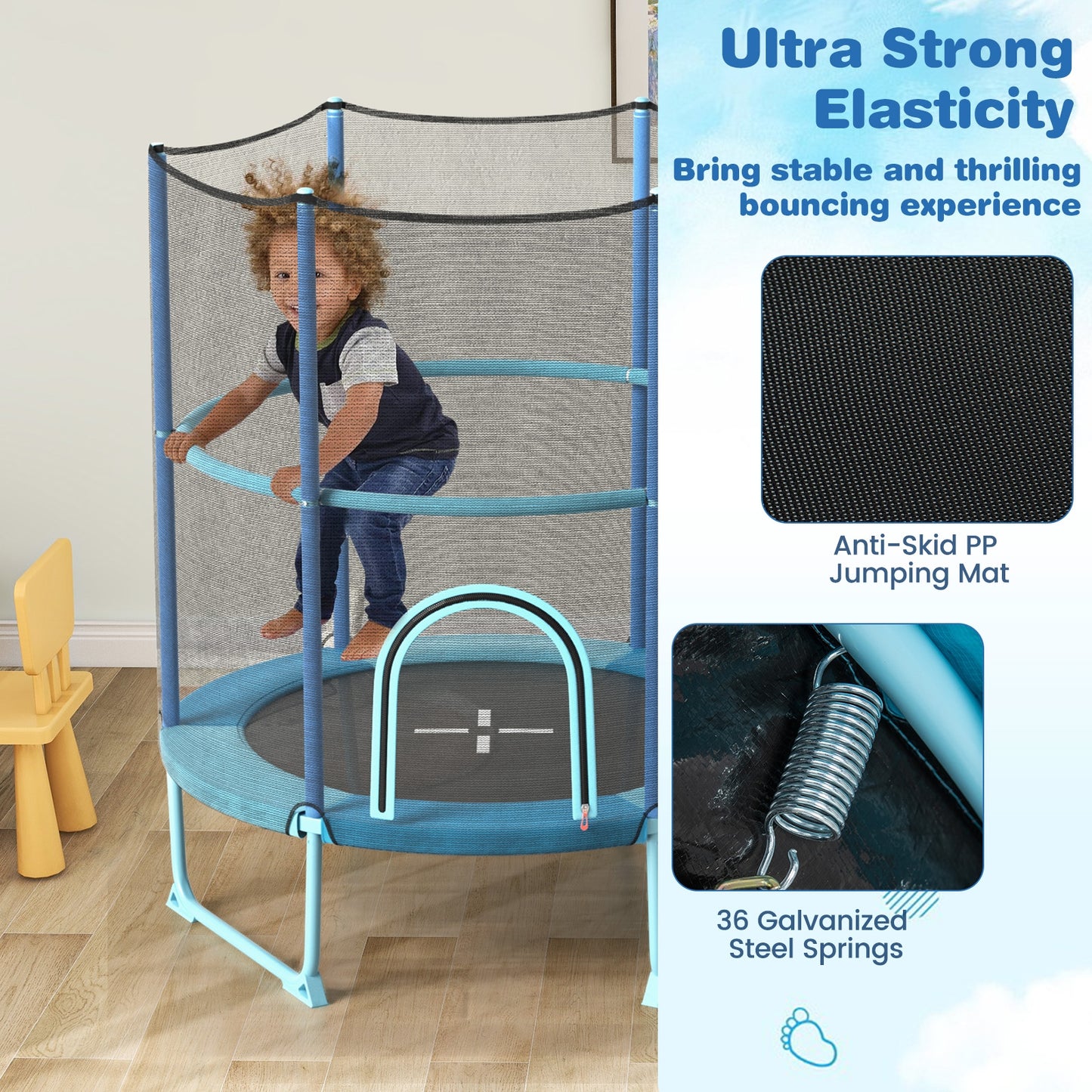 60 Inch Trampoline with Gymnastic Bar and Rings for Kids-Blue Kids Crystal