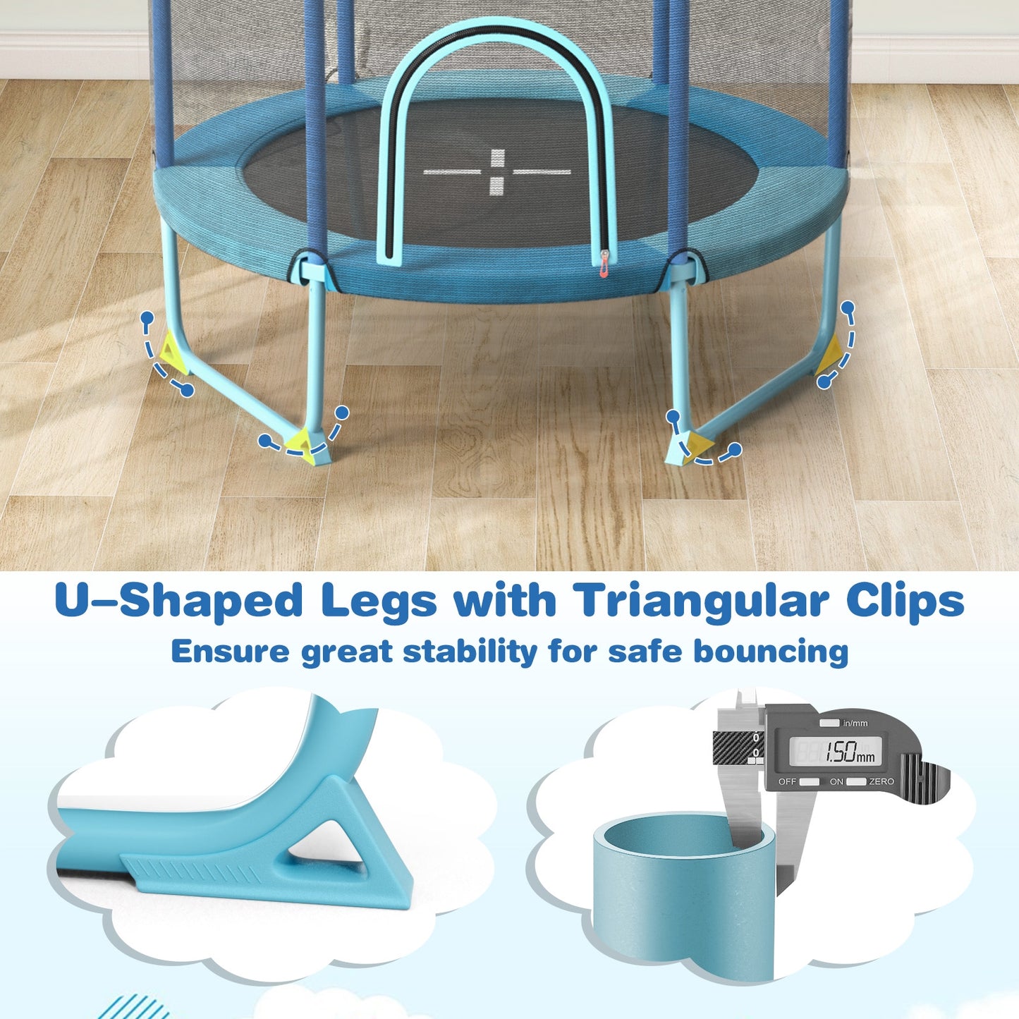 60 Inch Trampoline with Gymnastic Bar and Rings for Kids-Blue Kids Crystal