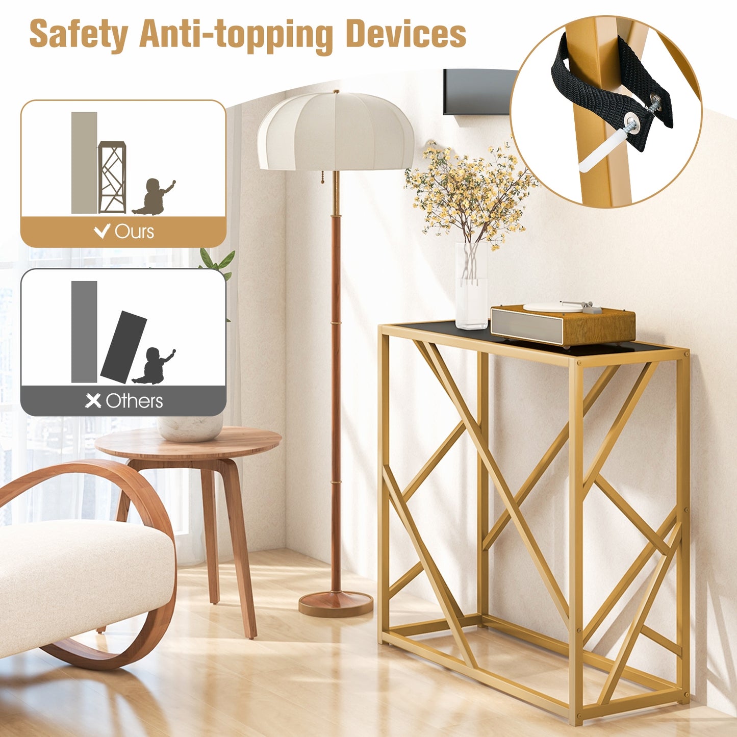 31.5 Inch Golden Heavy-duty Metal Frame Entryway Table with Foot Pads-Black Kids Crystal