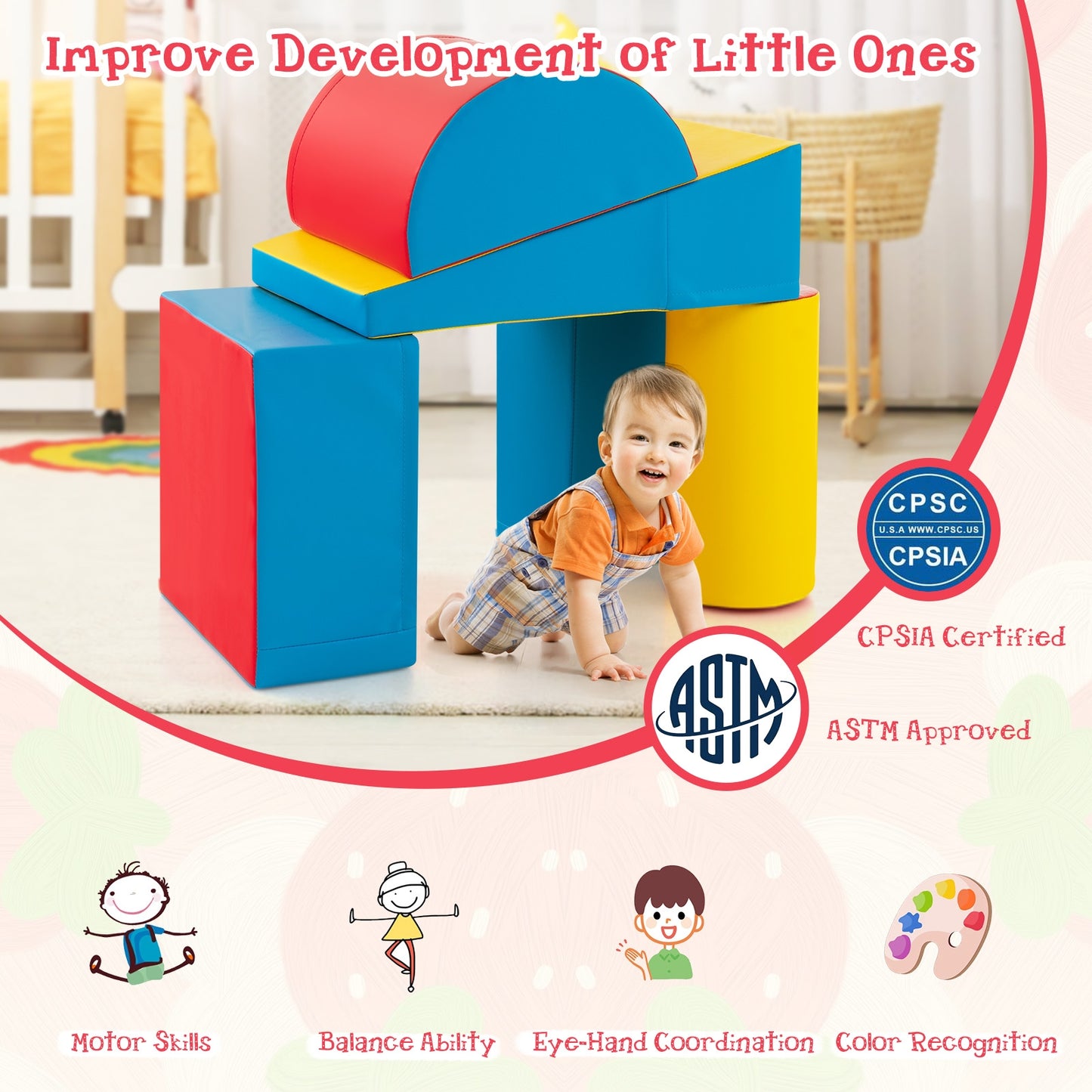 5-Piece Kids Climb and Crawl Activity Playset-Red Kids Crystal