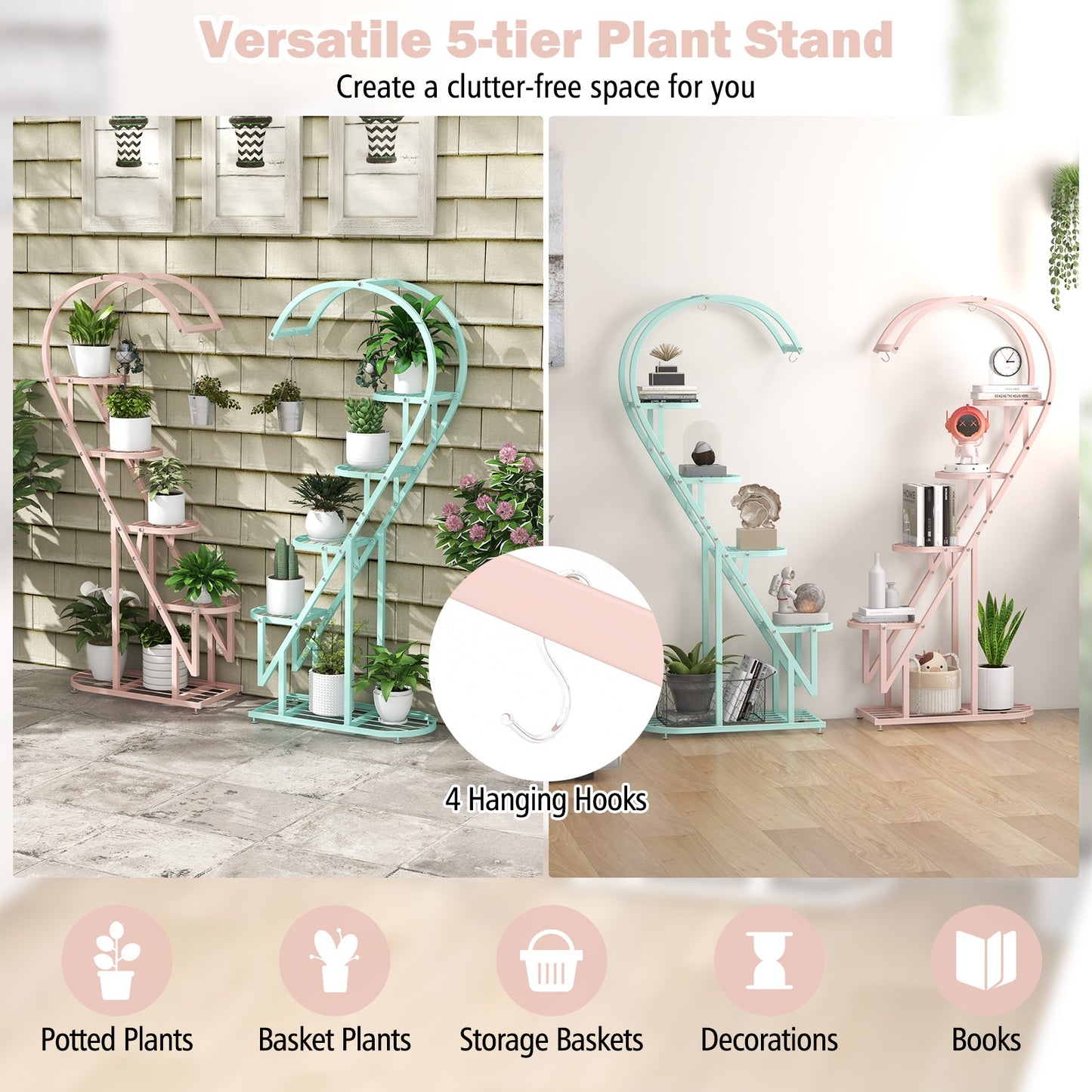 5 Tier Metal Plant Stand with Hanging Hook for Multiple Plants-Pink & Blue Kids Crystal