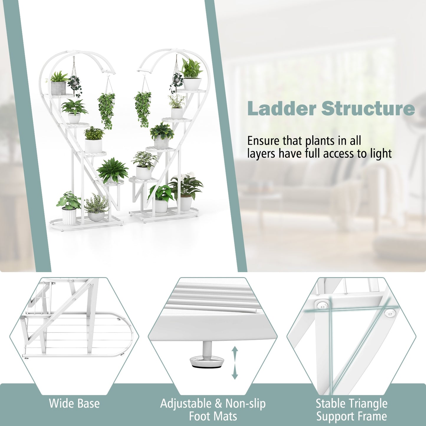 5 Tier Metal Plant Stand with Hanging Hook for Multiple Plants-White Kids Crystal