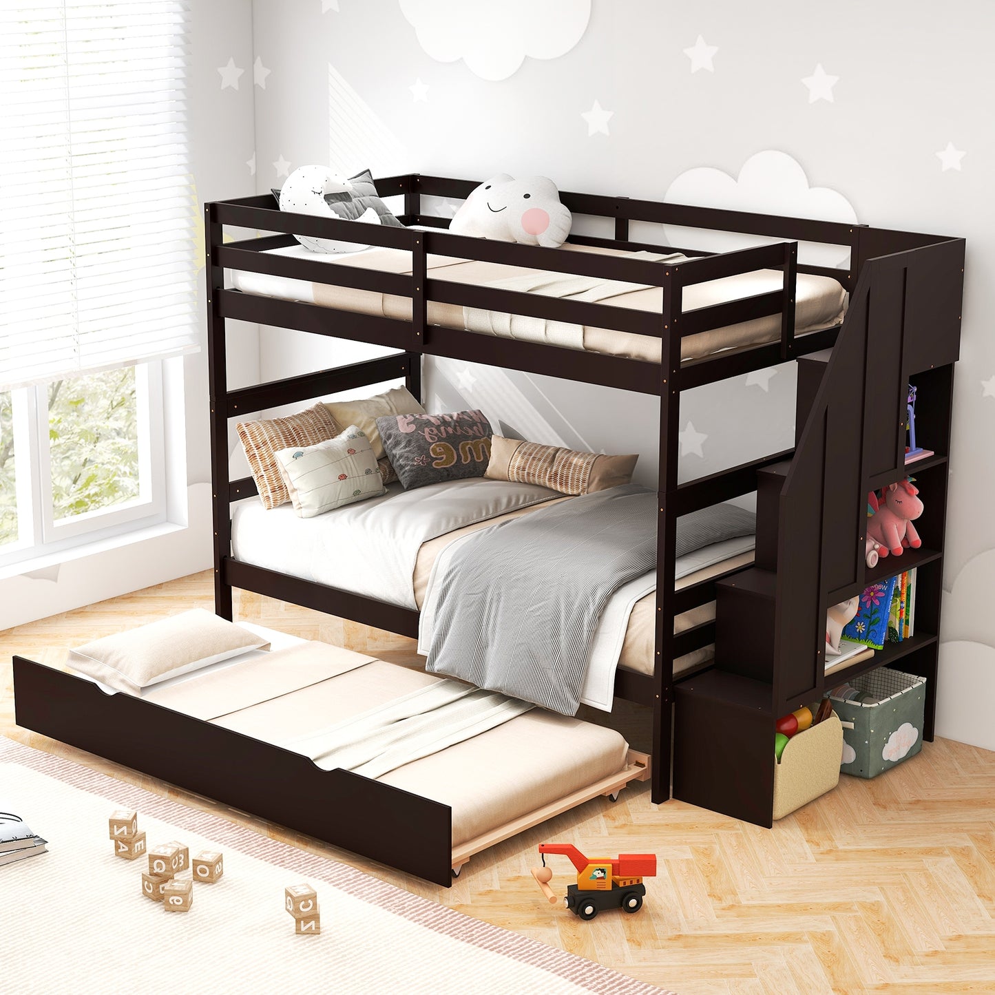 Home Wood Bunk Bed with Guard Rail and 4-step Storage Stairs No Box Spring Needed-Brown Kids Crystal