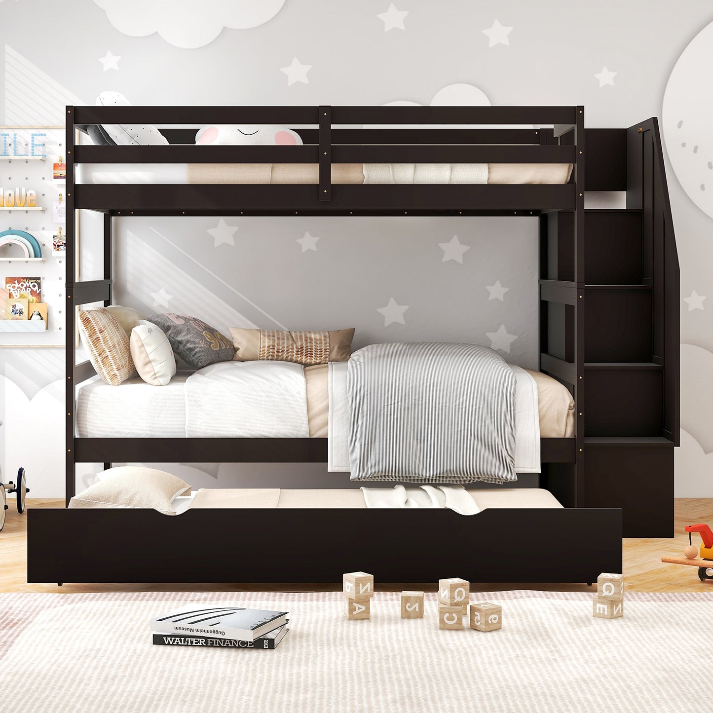 Home Wood Bunk Bed with Guard Rail and 4-step Storage Stairs No Box Spring Needed-Brown Kids Crystal