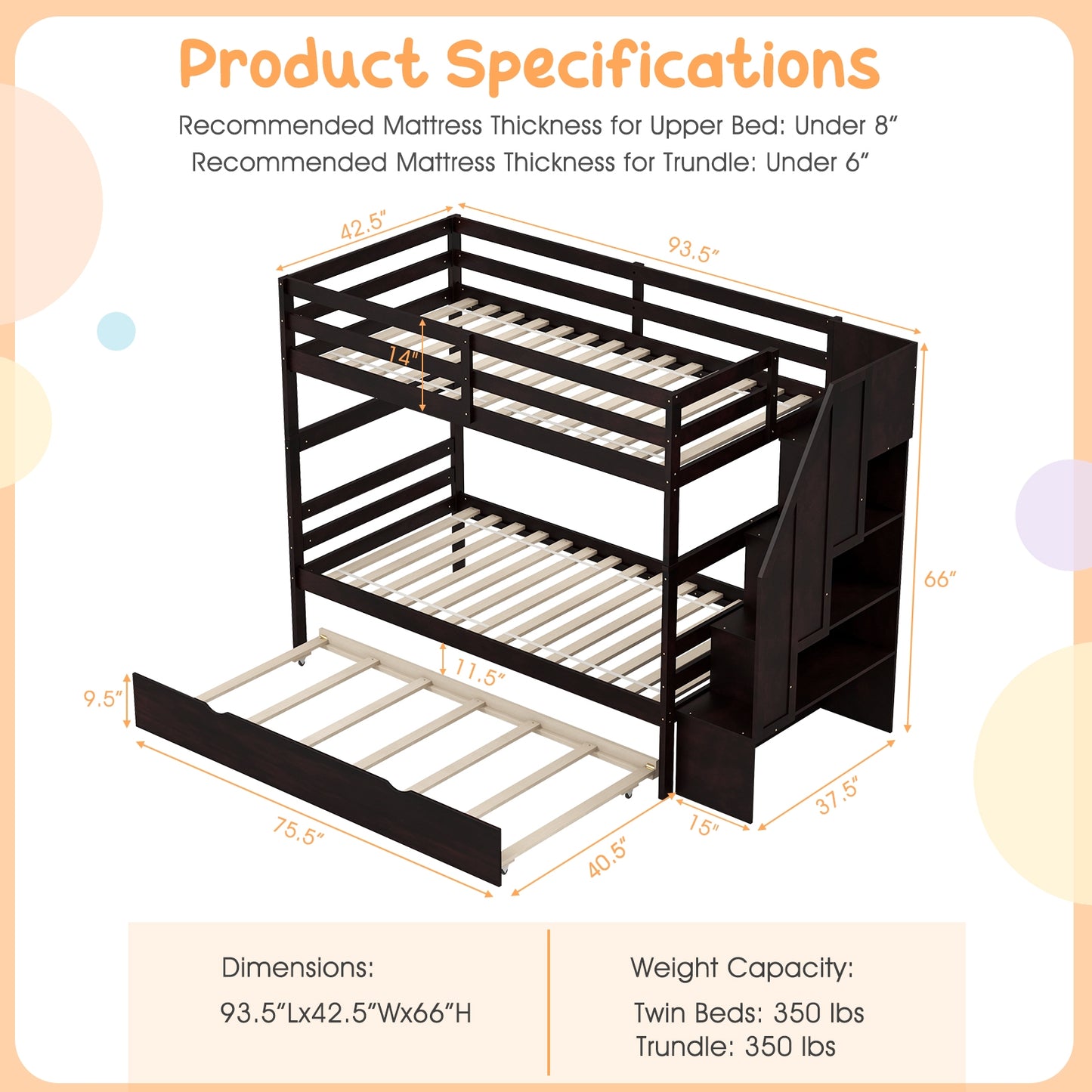 Home Wood Bunk Bed with Guard Rail and 4-step Storage Stairs No Box Spring Needed-Brown Kids Crystal