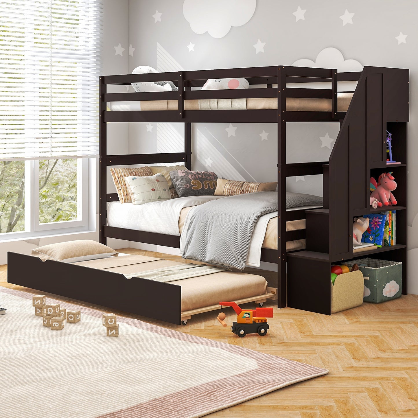 Home Wood Bunk Bed with Guard Rail and 4-step Storage Stairs No Box Spring Needed-Brown Kids Crystal