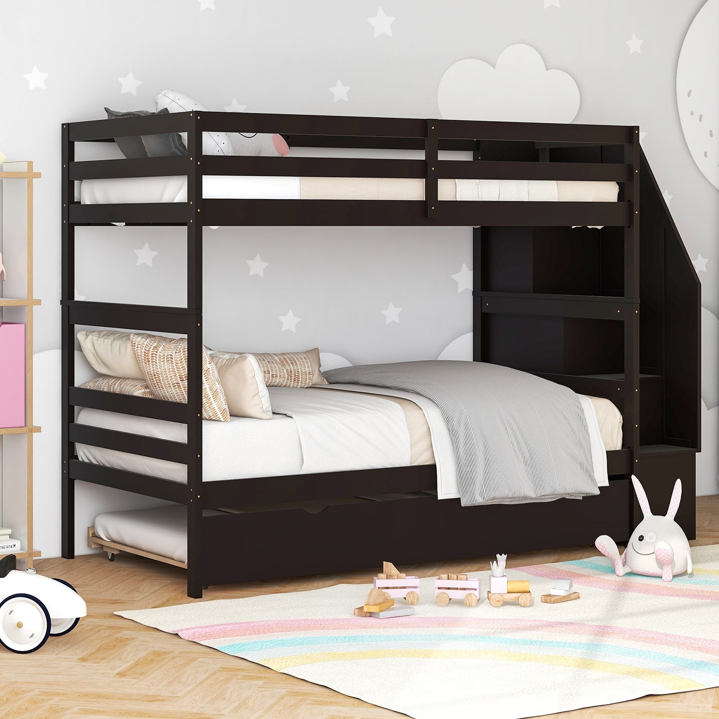 Home Wood Bunk Bed with Guard Rail and 4-step Storage Stairs No Box Spring Needed-Brown Kids Crystal