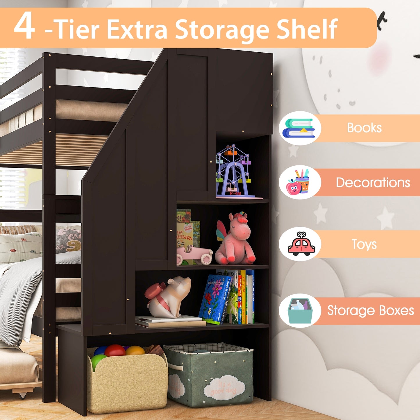 Home Wood Bunk Bed with Guard Rail and 4-step Storage Stairs No Box Spring Needed-Brown Kids Crystal