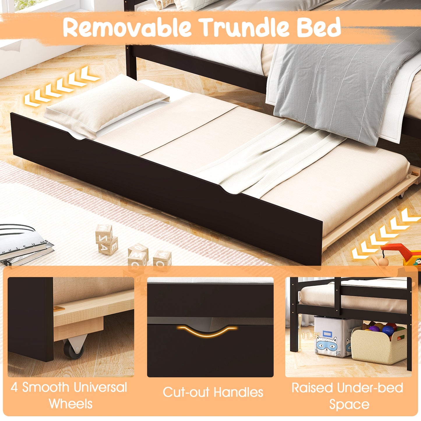 Home Wood Bunk Bed with Guard Rail and 4-step Storage Stairs No Box Spring Needed-Brown Kids Crystal