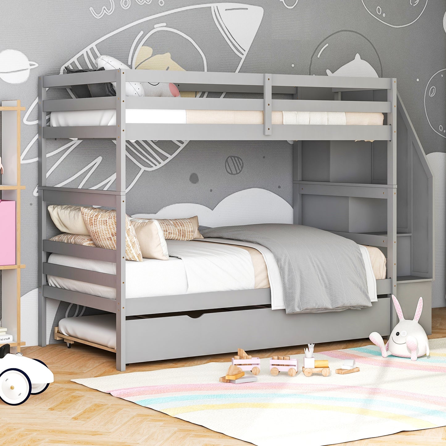 Home Wood Bunk Bed with Guard Rail and 4-step Storage Stairs No Box Spring Needed-Gray Kids Crystal