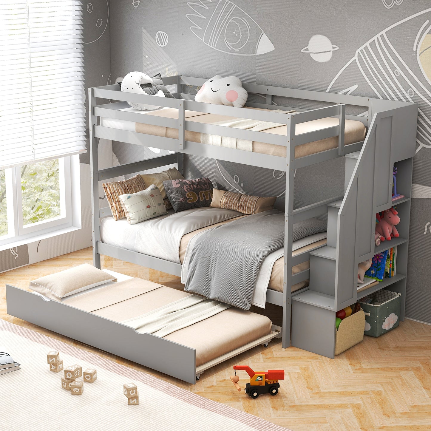 Home Wood Bunk Bed with Guard Rail and 4-step Storage Stairs No Box Spring Needed-Gray Kids Crystal