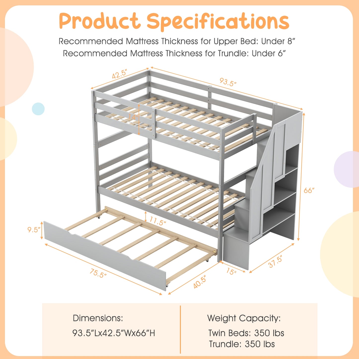Home Wood Bunk Bed with Guard Rail and 4-step Storage Stairs No Box Spring Needed-Gray Kids Crystal