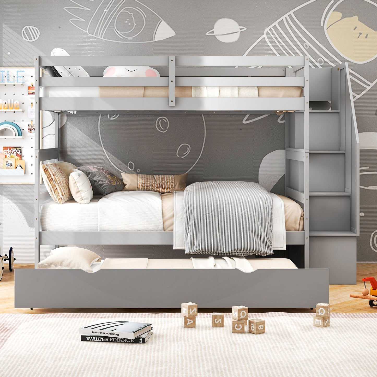 Home Wood Bunk Bed with Guard Rail and 4-step Storage Stairs No Box Spring Needed-Gray Kids Crystal