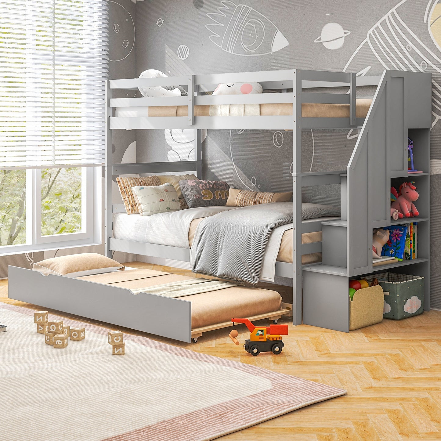 Home Wood Bunk Bed with Guard Rail and 4-step Storage Stairs No Box Spring Needed-Gray Kids Crystal