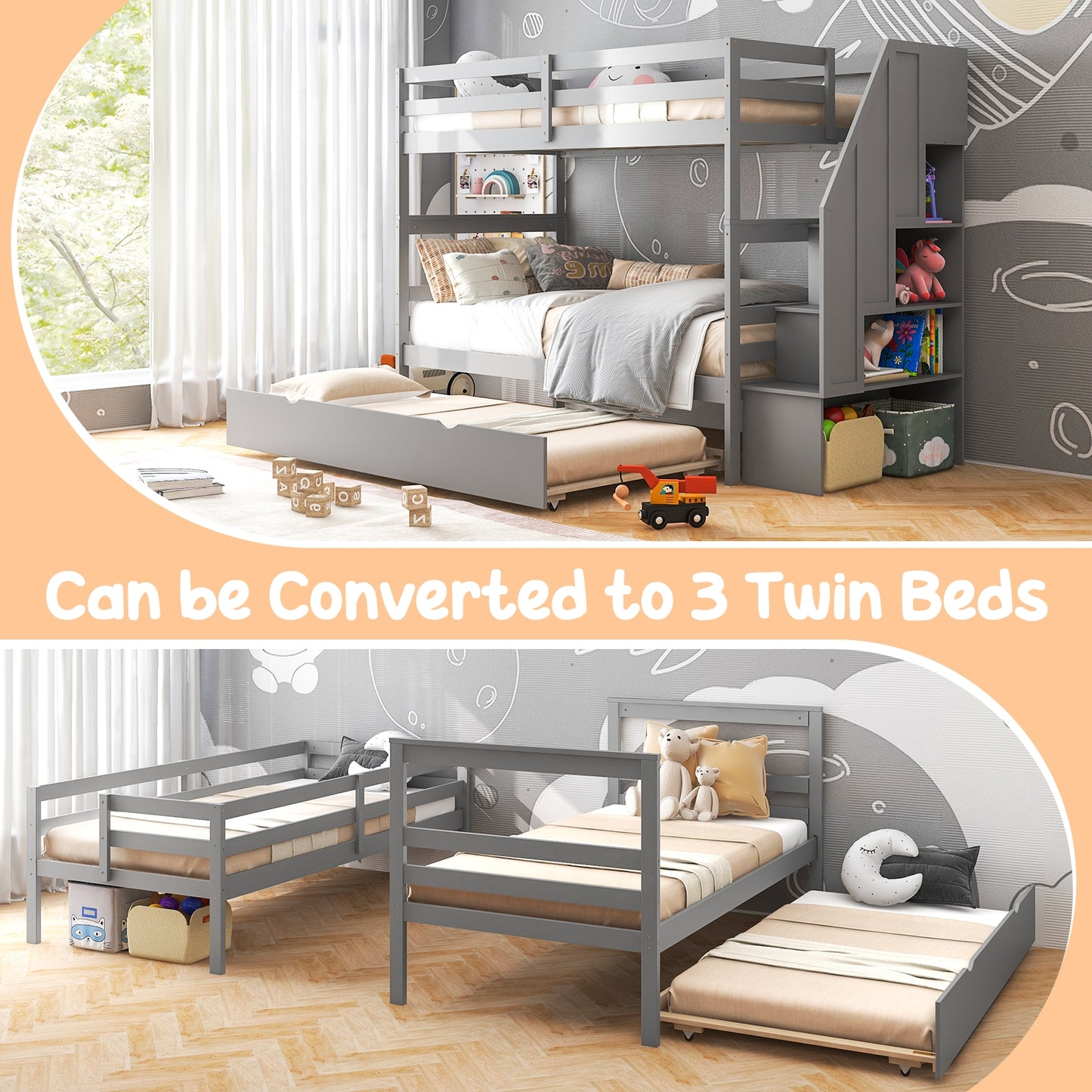 Home Wood Bunk Bed with Guard Rail and 4-step Storage Stairs No Box Spring Needed-Gray Kids Crystal